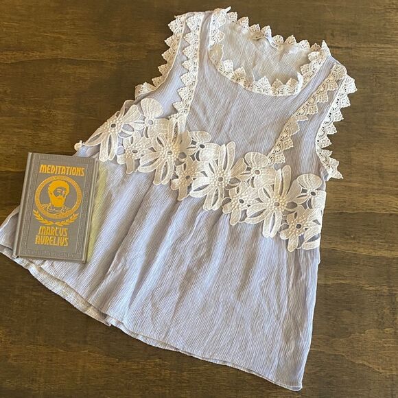 Francesca's Collections Tops - Floral Lace Light Blue and Cream Sleeveless Blouse